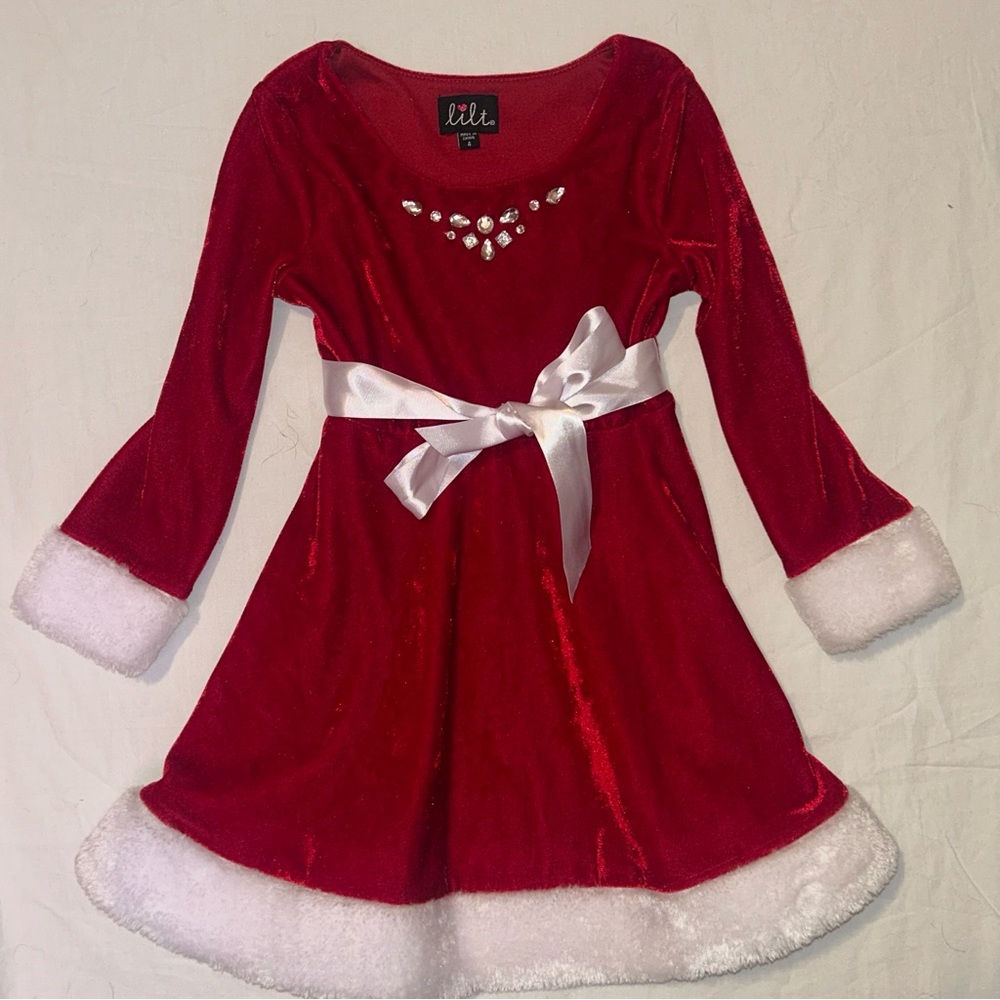 Red & White Christmas Holiday Dress with Gem Accents & Faux Fur Accents. Size 4